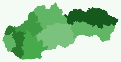 Map of Slovakia with regions. Just a simple country border map with region division. Green color palette. Flat Slovakia shape with administrative division. Vector illustration.