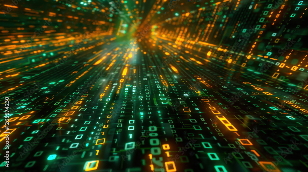 Poster digital data streams with glowing binary code in green and orange hues