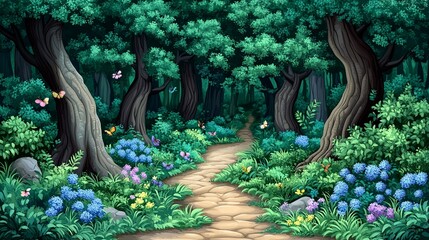 An idyllic forest scene with a winding path.