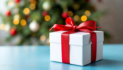 Obraz premium Una caja de regalo blanca con una cinta roja sobre una mesa azul, un árbol de Navidad borroso en el fondo