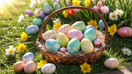 Colorful Easter Eggs in a Spring Meadow