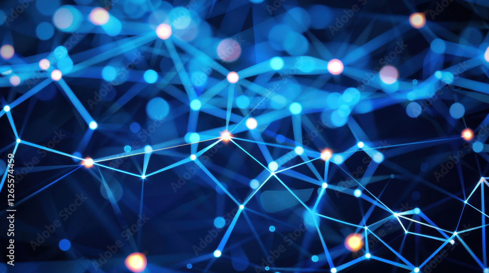 Poster abstract digital network with glowing blue connections and nodes, representing technology and data f