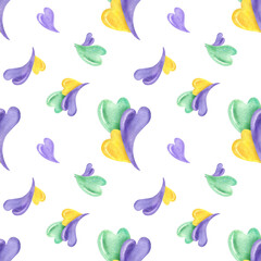 Watercolor yellow, green, purple hearts seamless pattern illustration isolated on white background. Three bright colorful curving heart illustration for web design, holiday textile, package decor