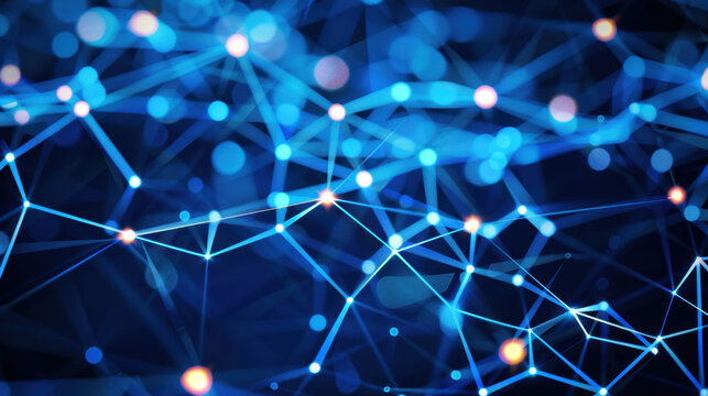 Abstract digital network with glowing blue connections and nodes, representing technology and data flow. image conveys sense of innovation and connectivity