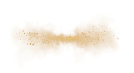 Fantastic golden smoke background. Magic golden smoke with glitter and small particles of twinkling stars. Fog with luminous particles. Yellow vapor with stardust. Morning fog over land or water. PNG