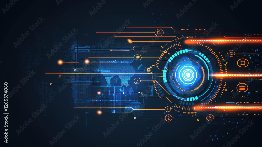Poster futuristic digital interface with glowing elements and data visualization. design features blue and 