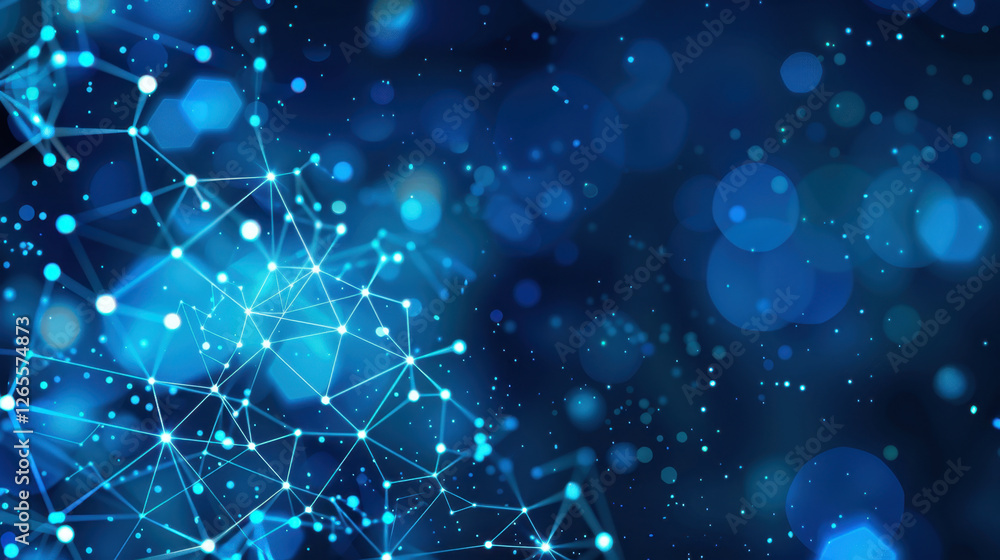 Poster digital abstract background with blue glowing connections and bokeh effects, representing technology