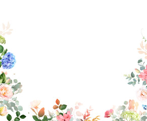 Summer garden greenery banner with leaves and flowers. Spring tulips, hydrangea, rose, hyacinth, wildflowers and plants. Botanical frame design. Vector card. All elements are isolated and editable.