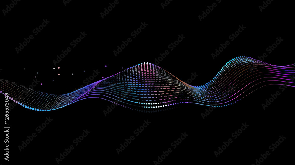 Poster colorful wave pattern with dots on black background, representing sound or data visualization. desig