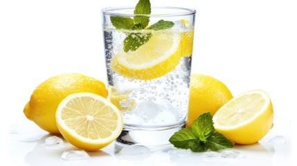 Refreshing lemon water drink with ice and mint