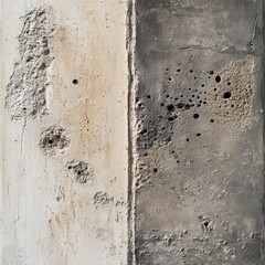 Aged concrete wall shows deterioration with holes and color variation