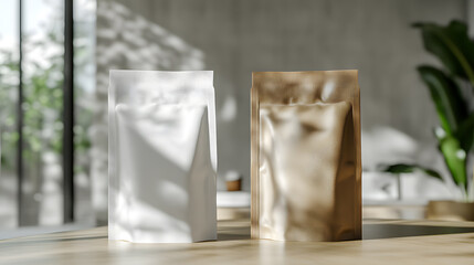 A black packaging bag with a golden top, arranged neatly on a clean, wooden table.