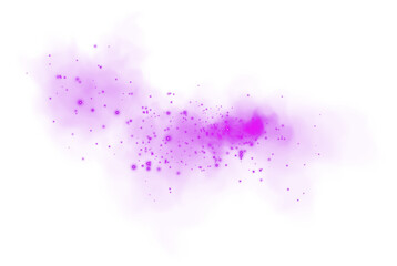 Fantastic purple smoke background. Magic purple smoke with glitter and small particles of twinkling stars. Fog with luminous particles. Purple vapor with stardust. Morning fog over land or water. PNG.