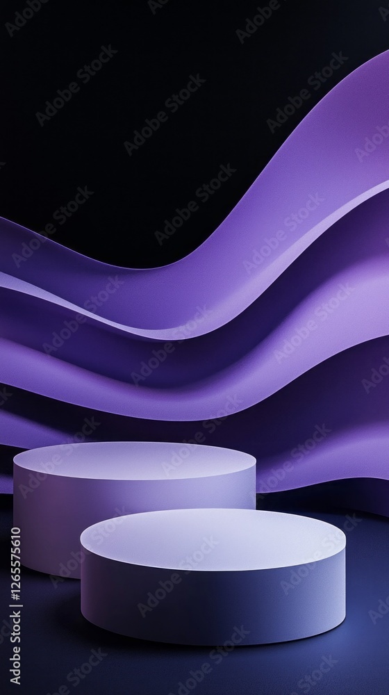 Aufkleber two smooth, round podiums stand side by side, illuminated in soft light. a wave-like purple backdrop