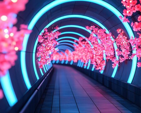 A hyperloop tunnel lined with LED floral patterns, blending speed and spring aesthetics