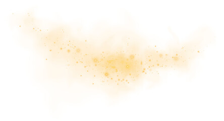 Fantastic yellow smoke background. Magic yellow smoke with glitter and small particles of twinkling stars. Fog with luminous particles. Yellow vapor with stardust. Morning fog over land or water. PNG.