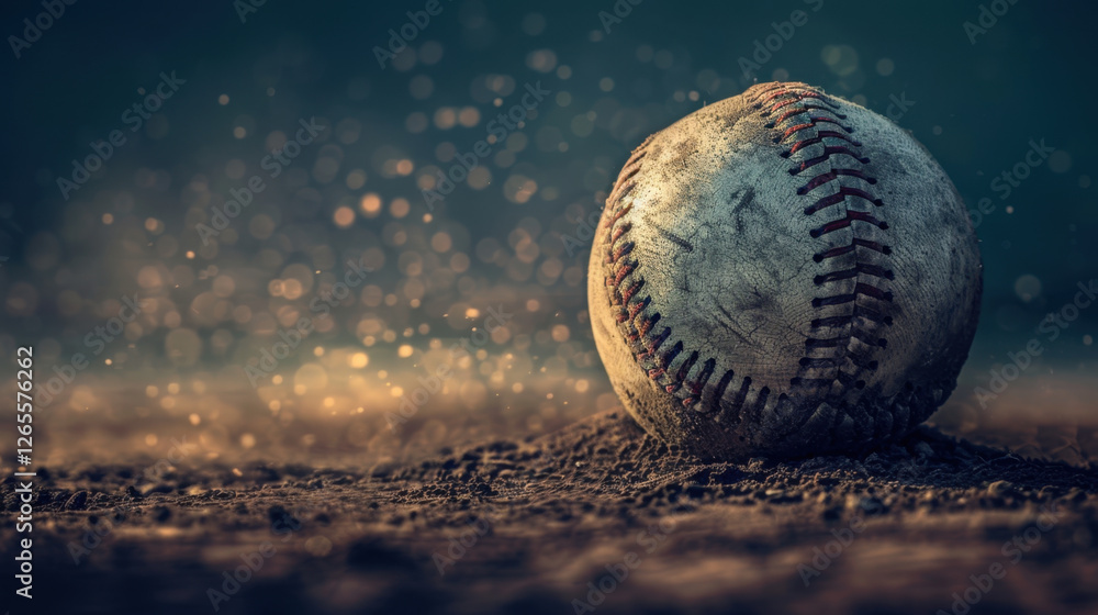 Poster close up of worn baseball on dusty surface, with blurred background and sparkling dust particles, cr