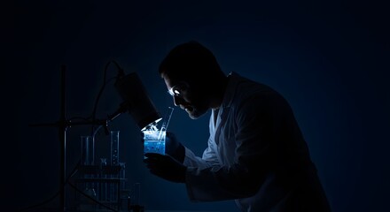 Scientist Inspecting Chemical Reaction in Beaker Under Bright Light
