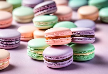 Obraz premium explore delightful stacks colorful macarons set soft pastel backgrounds, rainbow, lgbtq, lgbt, pride, love, equality, cookie, cream, sweet, bakery, treat