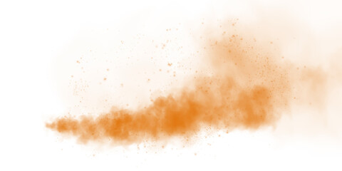 Fantastic orange smoke background. Magic orange smoke with glitter and small particles of twinkling stars. Fog with luminous particles. Orange vapor with stardust. Morning fog over land or water. PNG.