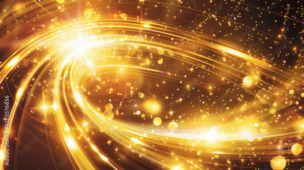 Poster bright golden swirls and sparkling particles create mesmerizing abstract background, evoking sense o