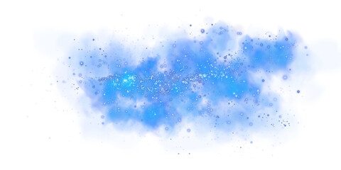 Fantastic blue smoke background. Magic blue smoke with glitter and small particles of twinkling stars. Fog with luminous particles. Blue vapor with stardust. Morning fog over land or water. PNG.