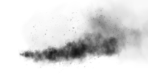 Fantastic black smoke background. Magic black smoke with glitter and small particles of twinkling stars. Fog with luminous particles. Black vapor with stardust. Morning fog over land or water. PNG.
