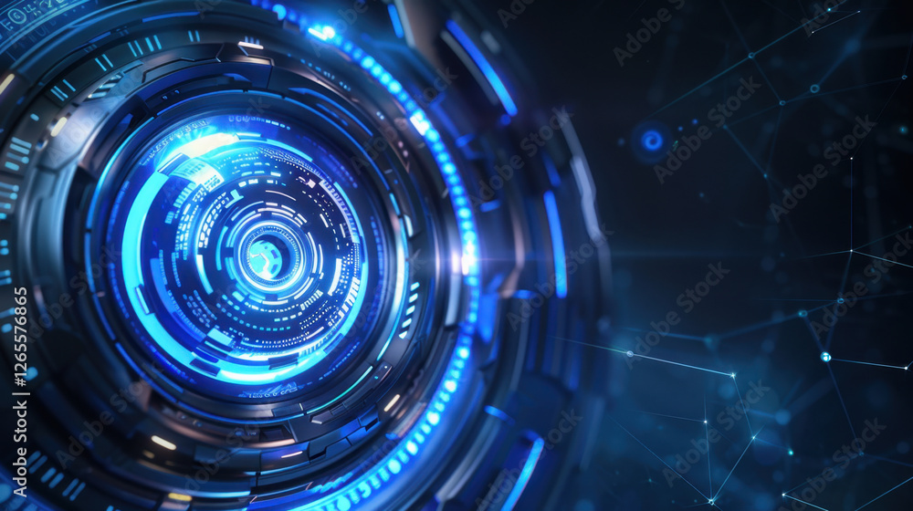Poster futuristic digital interface with glowing blue elements and intricate patterns, representing technol