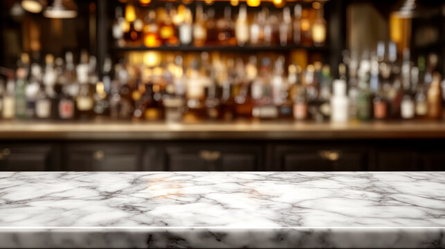 Empty countertop, defocused bar with alcohol bottles in the background