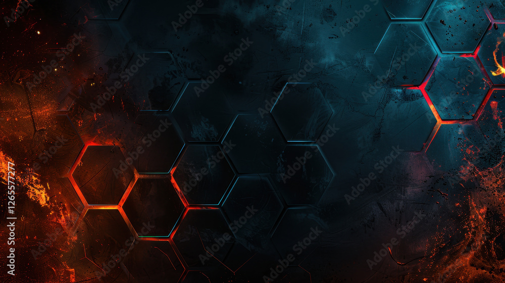 Poster dark abstract background with hexagonal patterns and fiery accents