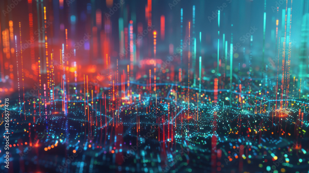 Poster digital abstract visualization with colorful data streams and glowing particles, representing techno