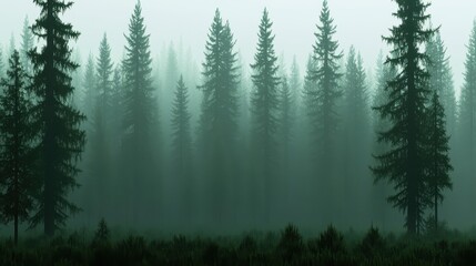 Fototapeta premium A misty forest scene featuring tall evergreen trees shrouded in fog, creating a serene and mysterious atmosphere.