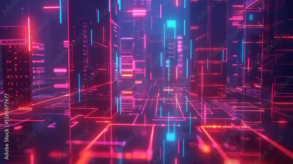 Poster futuristic cityscape with neon lights and digital elements, creating vibrant and immersive atmospher