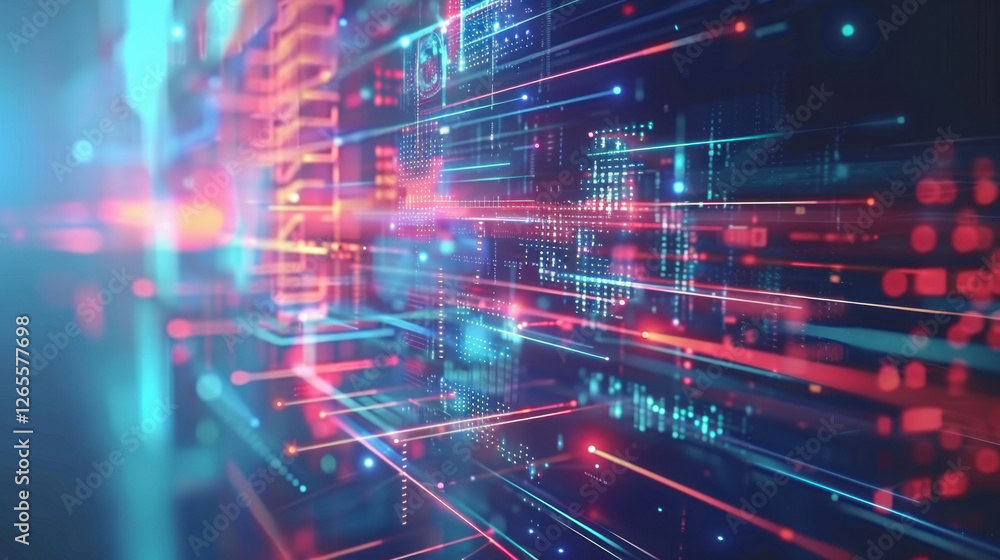 Poster abstract digital background with glowing lines and data streams, representing technology and innovat