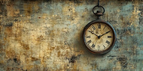 Hanging antique pocket watch displayed against a distressed background