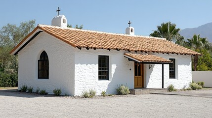 Desert chapel, stucco, tile roof, sunny day, mountains