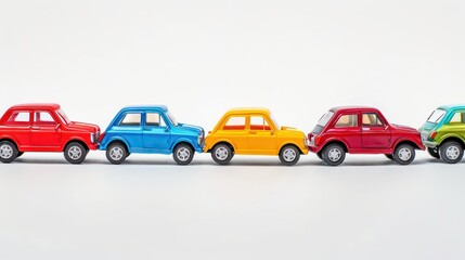Fototapeta premium A set of colorful toy cars lined up on a white background.