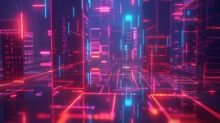 Fototapeta premium Futuristic cityscape with neon lights and digital elements, creating vibrant and immersive atmosphere. glowing lines and structures evoke sense of advanced technology and innovation