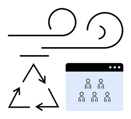 Recycling arrows, wind swirls, and a digital meeting interface combine ideas of environmental care, teamwork, and technology. Ideal for eco-efficiency, renewable energy, teamwork, virtual tools