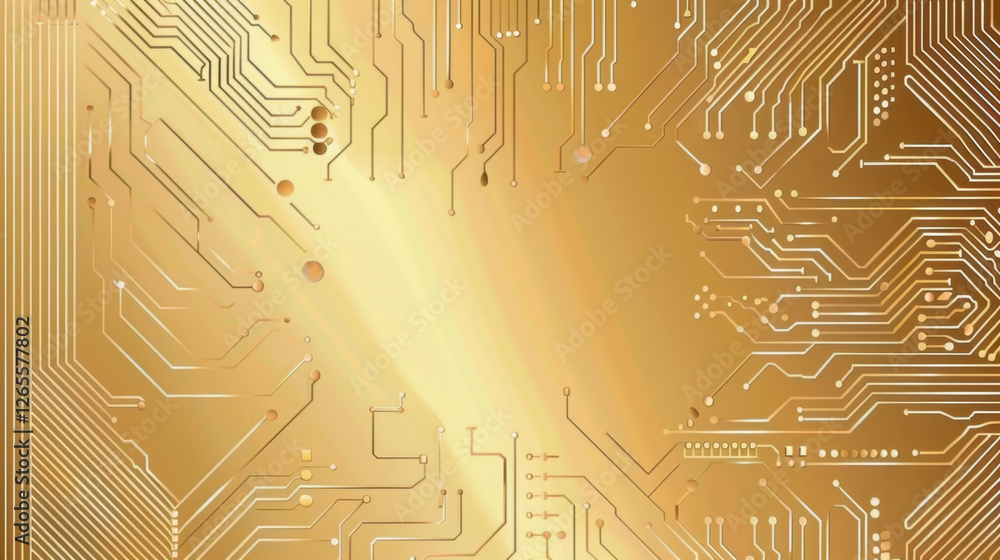 Poster golden circuit board design with intricate patterns and lines, showcasing technology and innovation.