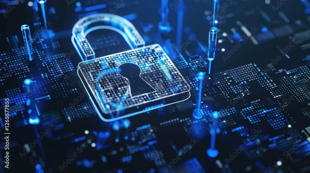 Poster digital padlock symbolizing cybersecurity and data protection in networked environment. image convey