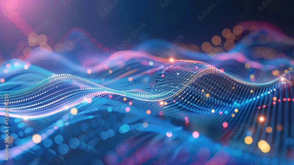 Poster digital waves of light create mesmerizing visual effect with vibrant colors and glowing dots, evokin