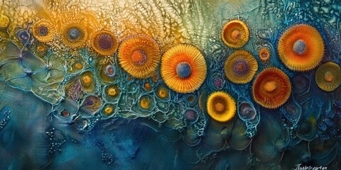 An abstract artwork showcasing organic forms in vibrant orange and blue