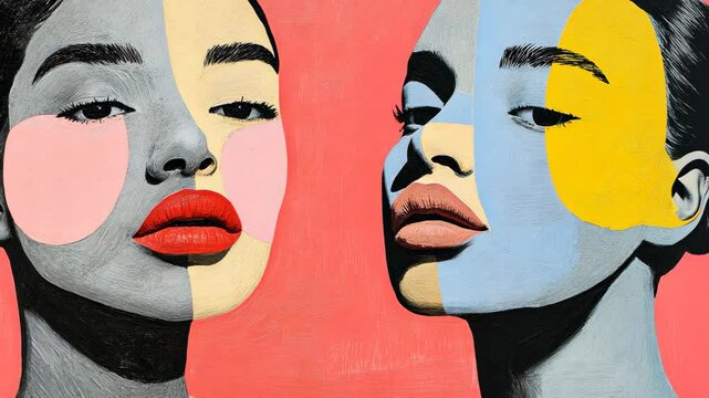 Vibrant mural of two abstract faces showcasing colorful features and expressive lips in an urban setting