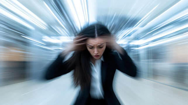 Young woman having panic attack in office, blur effect
