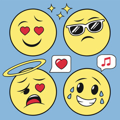 set of funny emoji cartoon eyes and set of funny cartoon vector faces