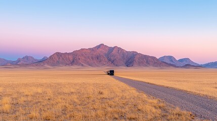 Dusty road leads to mountain range at dawn. Use Stock photo for travel brochures, tourism websites, or nature documentaries
