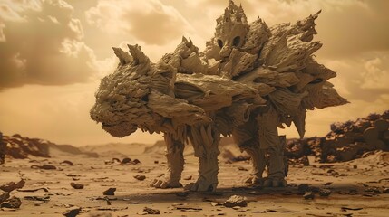 Fearsome Chimera Prowling Through Desolate Wasteland Beastly Fusion in Moody Muted Lighting