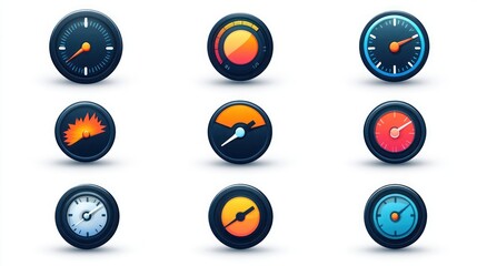 Nine digital speedometers, gauges, indicators, interface design elements on white background for app development