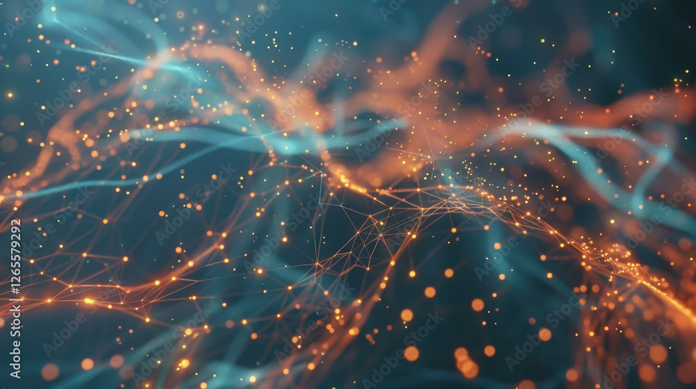 Poster abstract digital background with glowing particles and flowing lines, creating sense of movement and
